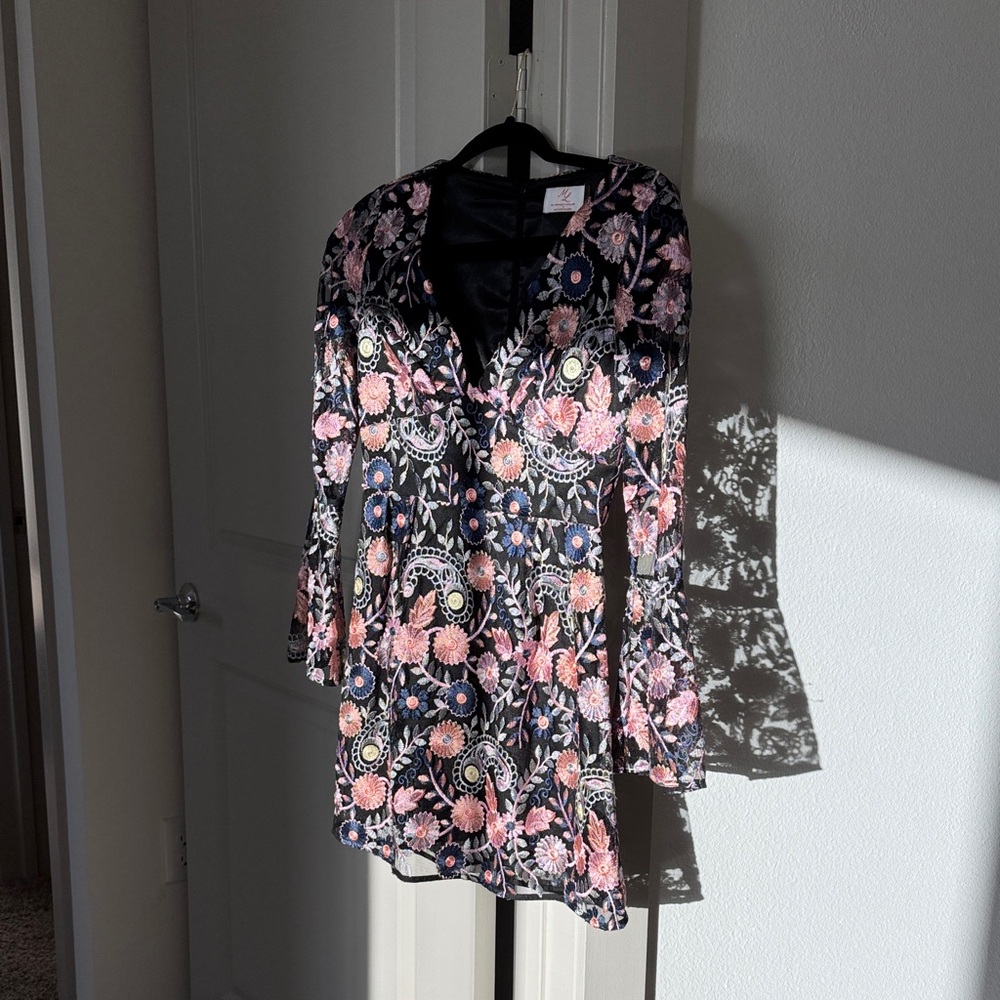 Anthropologie Floral Embroidered Mini Dress - Black and Pink